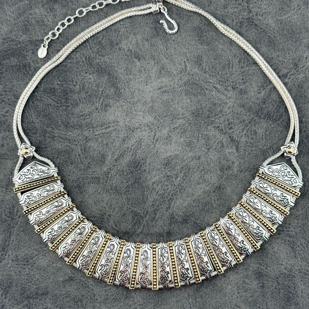 Vintage Monet Silver-Gold-Tone Etruscan Style Bib Collar Necklace Boho Tribal - Picture 9 of 14